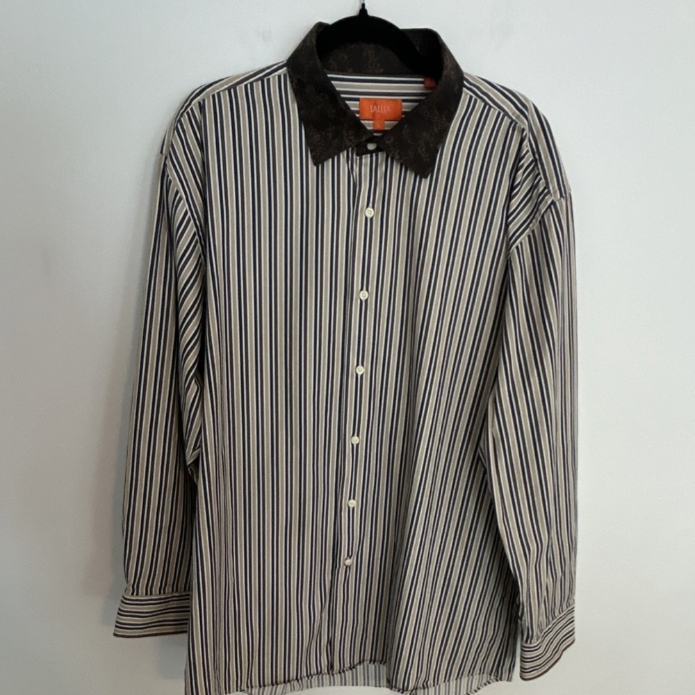 Tallia Men's Striped Cotton Button-Up‎ Shirt XL Brown Embroidered Collar
